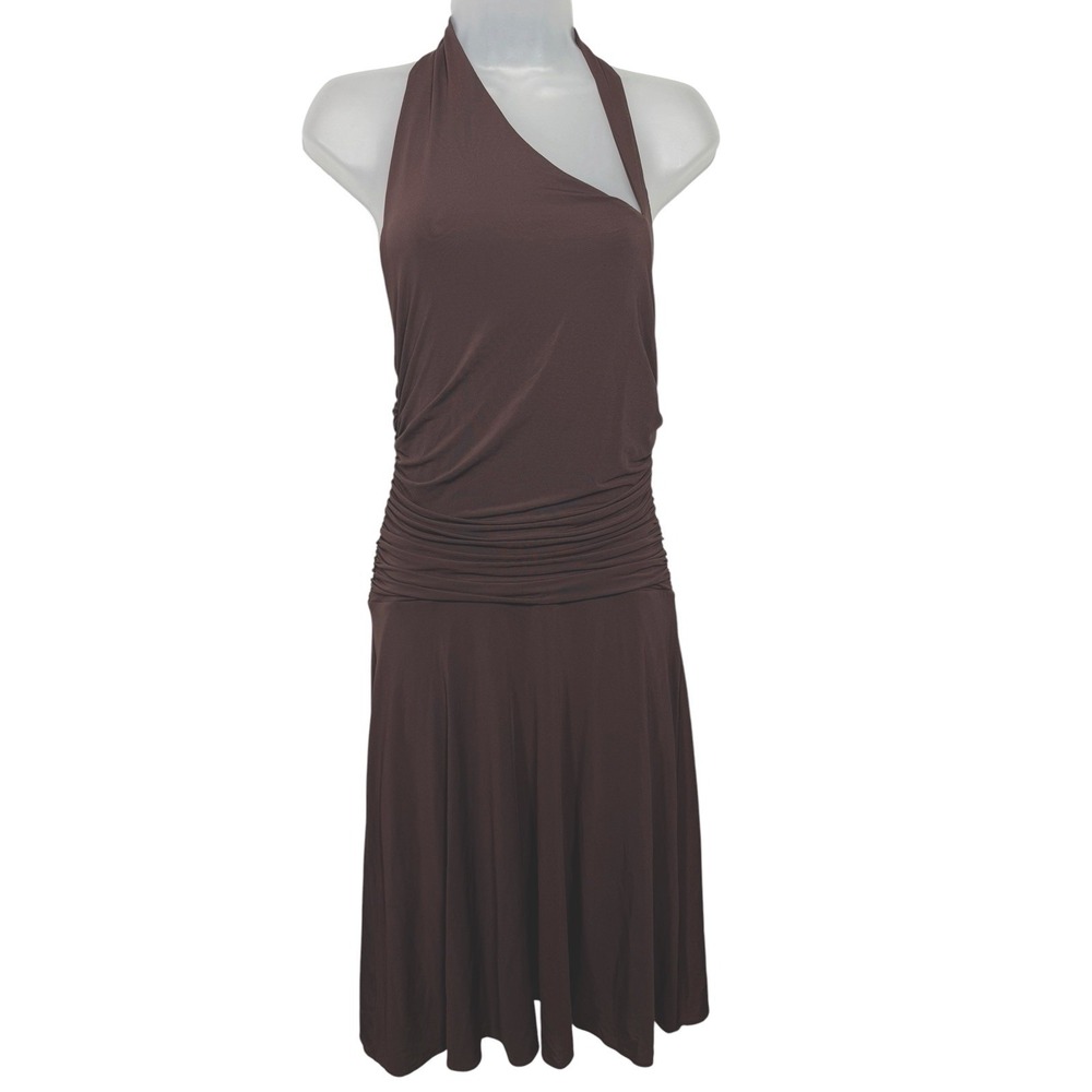 BCBG Max Azria Halter Midi Dress Brown Ruched Y2K Mob Wife 00's asymmetrical